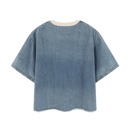 Unisex Vintage Wash Boxy Raw Hem Denim T-Shirt
