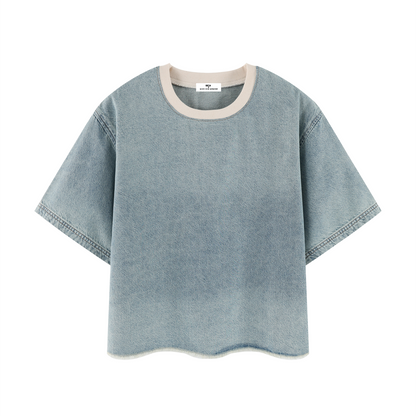Unisex Vintage Wash Boxy Raw Hem Denim T-Shirt