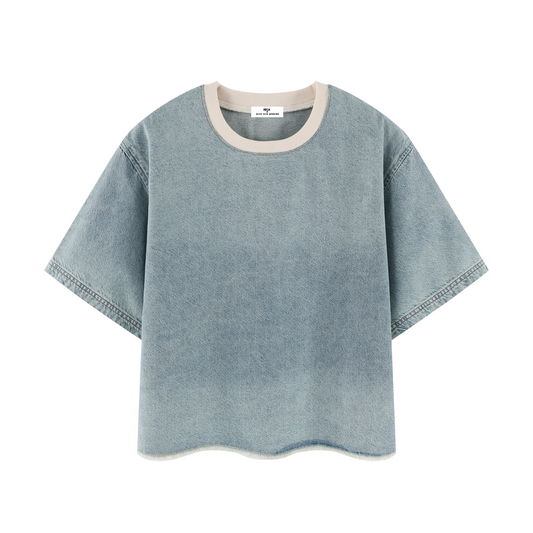 Unisex Vintage Wash Boxy Raw Hem Denim T-Shirt