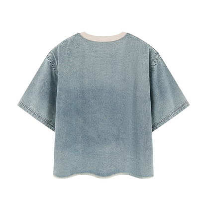Unisex Vintage Wash Boxy Raw Hem Denim T-Shirt