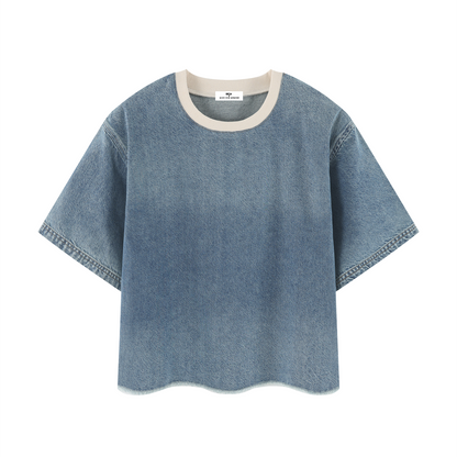 Unisex Vintage Wash Boxy Raw Hem Denim T-Shirt